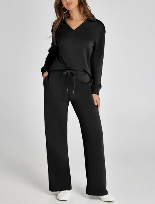 Women's Two-Piece Lounge Set – V-Neck Top & Wide Leg Pants