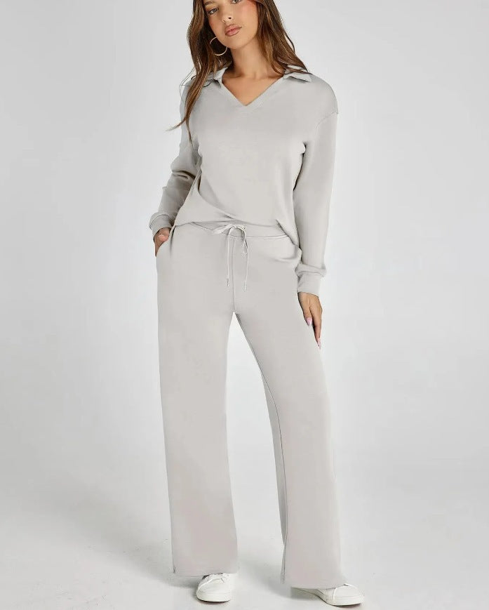 Women's Comfortable Two-Piece Outfit with Zip-Neck Top and Wide-Leg Pants