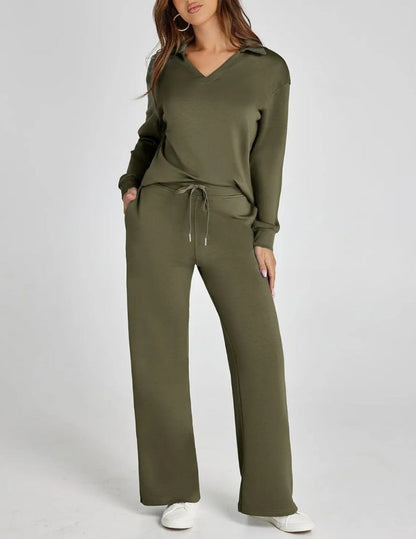 Women's Comfortable Two-Piece Outfit with Zip-Neck Top and Wide-Leg Pants