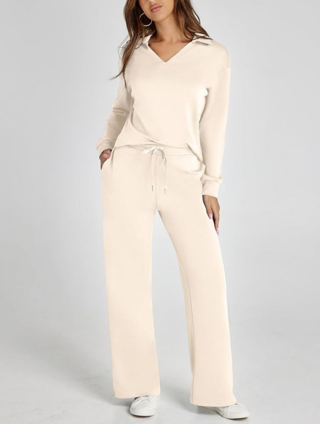 Women's Comfortable Two-Piece Outfit with Zip-Neck Top and Wide-Leg Pants