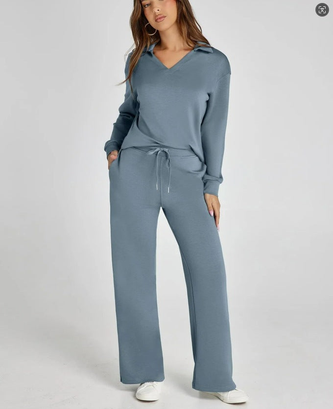 Women's Comfortable Two-Piece Outfit with Zip-Neck Top and Wide-Leg Pants