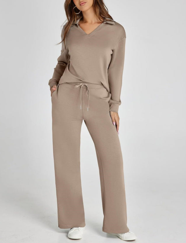 Women's Comfortable Two-Piece Outfit with Zip-Neck Top and Wide-Leg Pants
