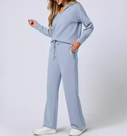 Women's Comfortable Two-Piece Outfit with Zip-Neck Top and Wide-Leg Pants