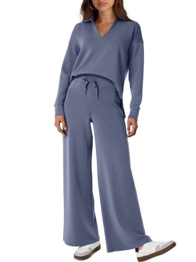 Women's Comfortable Two-Piece Outfit with Zip-Neck Top and Wide-Leg Pants
