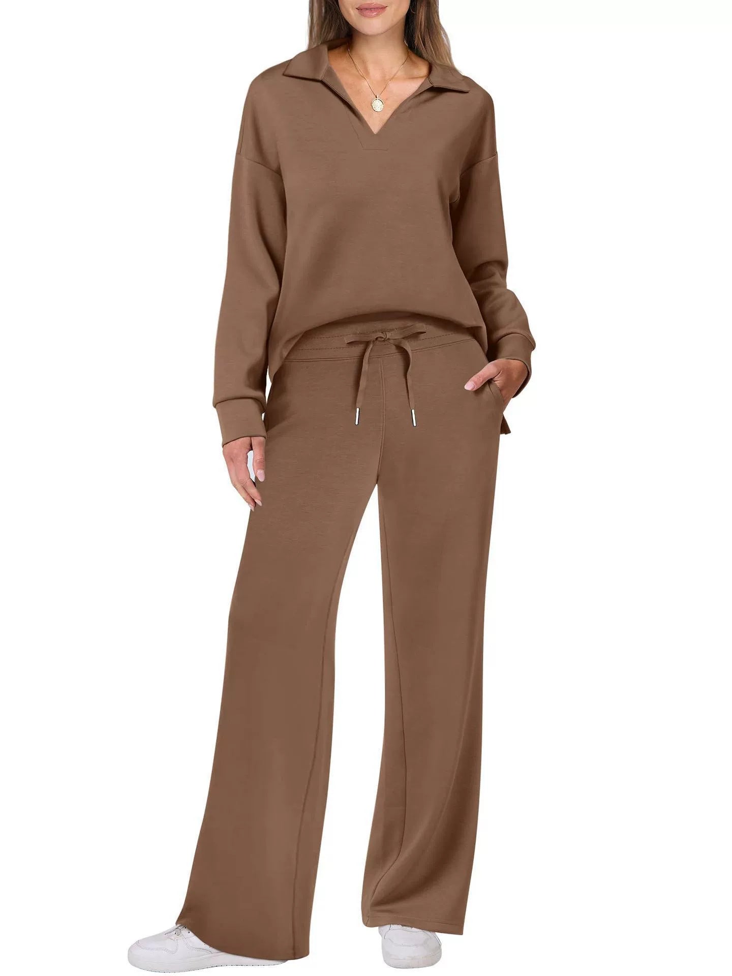 Women's Comfortable Two-Piece Outfit with Zip-Neck Top and Wide-Leg Pants