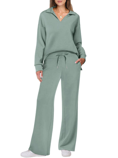 Women's Stylish Two-Piece Outfit - Zip-Neck Top and Wide-Leg Trousers for Casual Wear