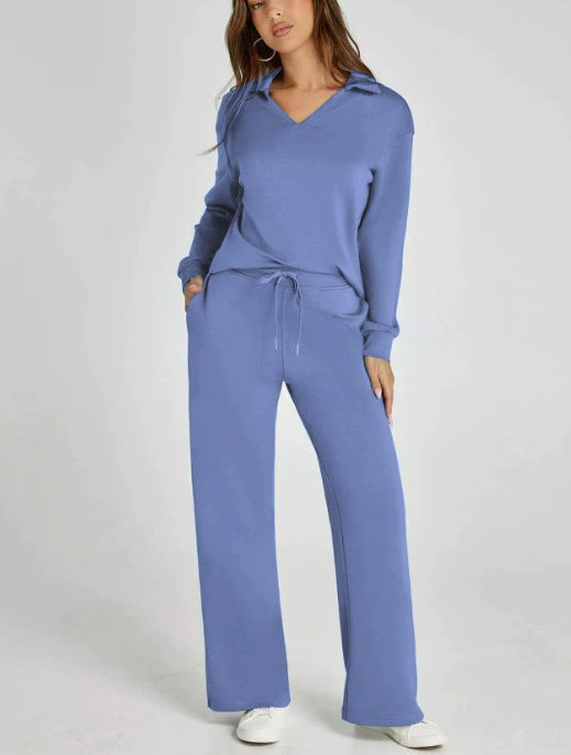 Women's Comfortable Two-Piece Outfit with Zip-Neck Top and Wide-Leg Pants
