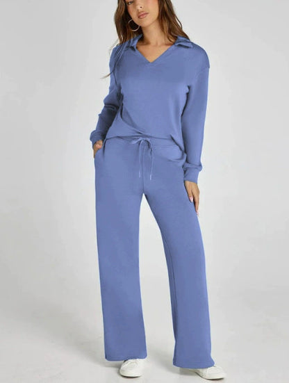 Women's Comfortable Two-Piece Outfit with Zip-Neck Top and Wide-Leg Pants