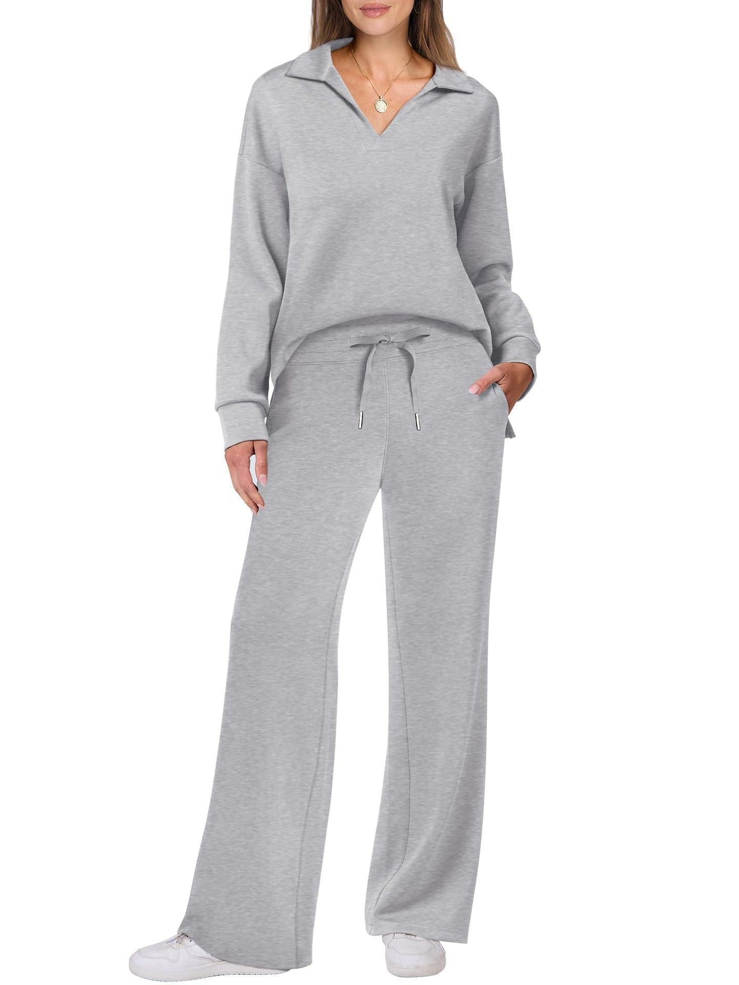 Women's Comfortable Two-Piece Outfit with Zip-Neck Top and Wide-Leg Pants