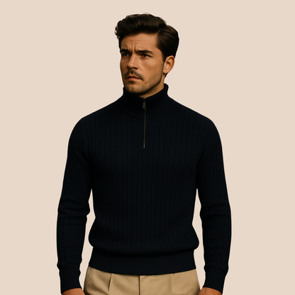 Men's Ribbed Knit Quarter Zip Sweater with Stand Collar for Casual Wear