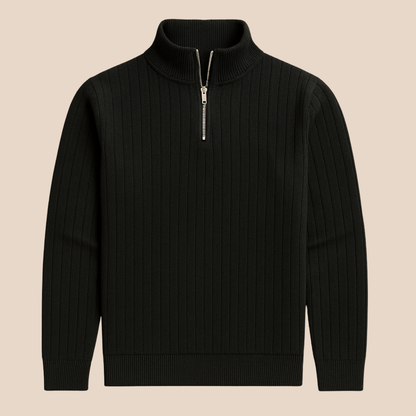 Men's Ribbed Knit Quarter Zip Sweater with Stand Collar for Casual Wear
