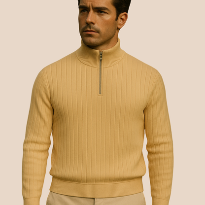Men's Ribbed Knit Quarter Zip Sweater with Stand Collar for Casual Wear