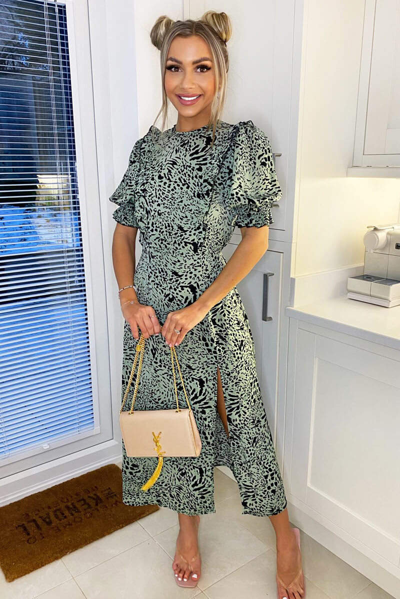 Mint Green Animal Print Pleated Frill Midi Dress for Women