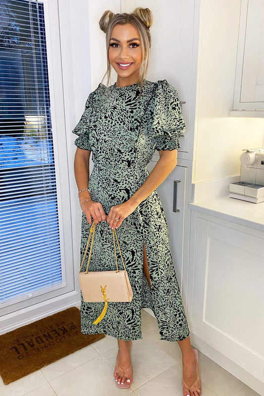 Mint Green Animal Print Pleated Frill Midi Dress for Women