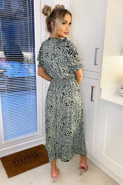 Mint Green Animal Print Pleated Frill Midi Dress for Women