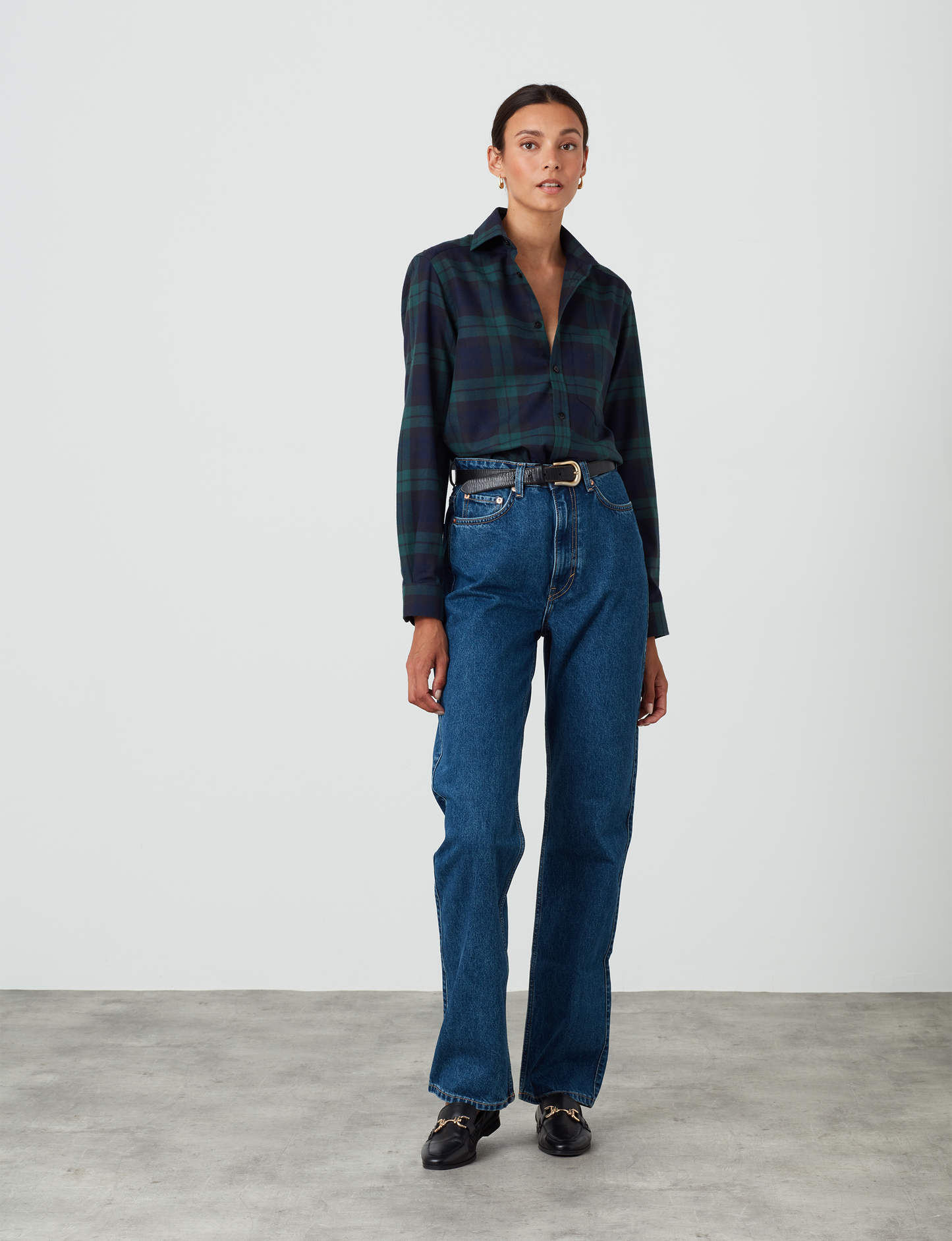 Women's Classic Fit Green Plaid Shirt - Soft Brushed Cotton and Merino Wool Blend