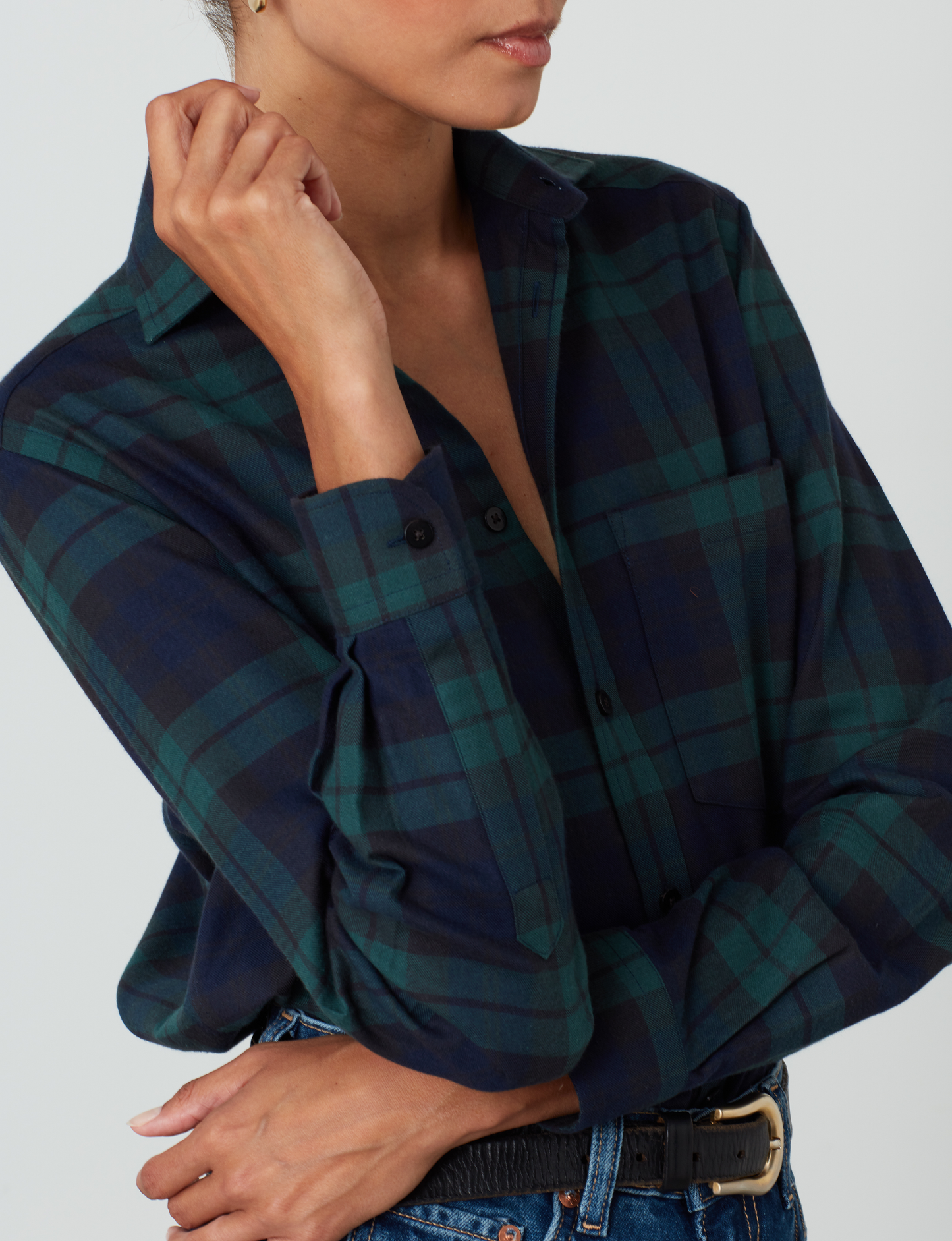 Women's Classic Fit Green Plaid Shirt - Soft Brushed Cotton and Merino Wool Blend