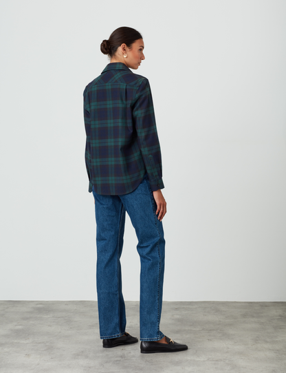 Women's Classic Fit Green Plaid Shirt - Soft Brushed Cotton and Merino Wool Blend