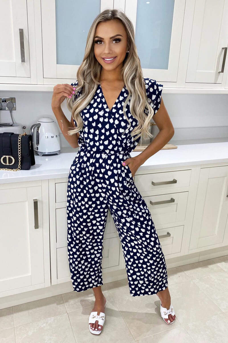 Women's Navy Heart Print Culotte Jumpsuit - Stylish Summer Outfit