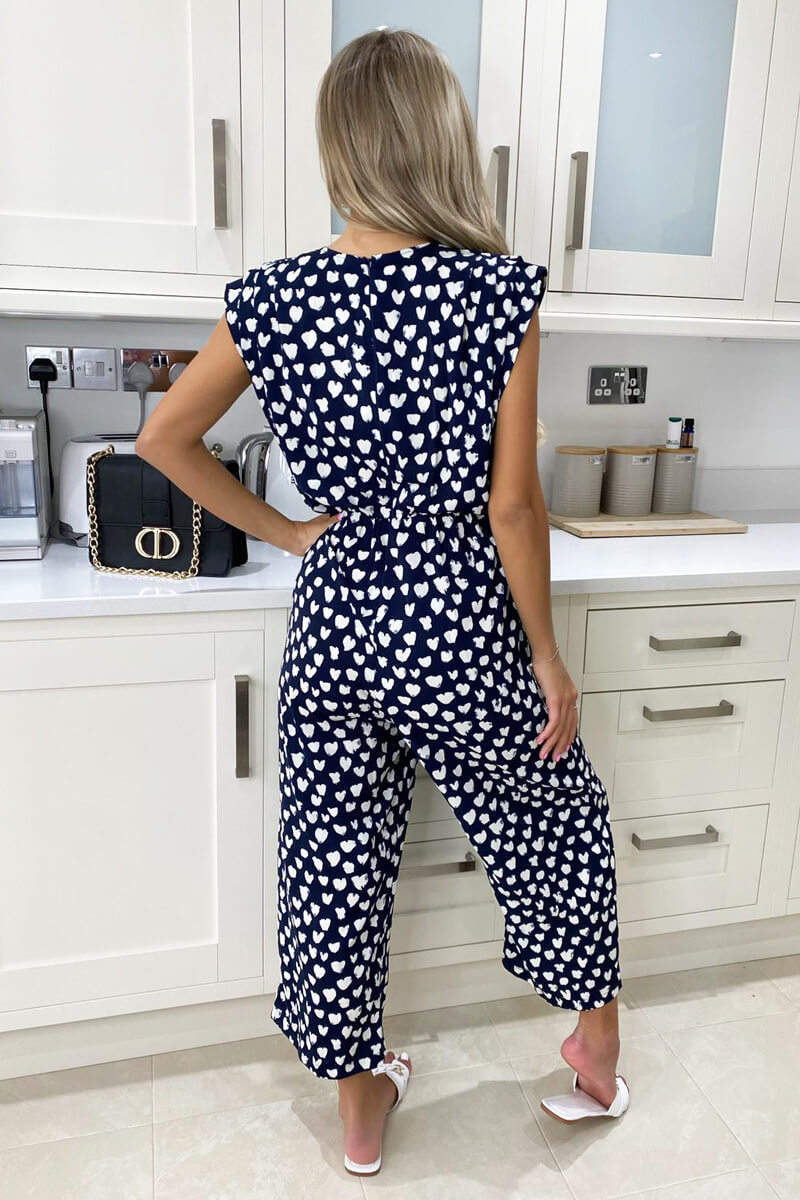 Women's Navy Heart Print Culotte Jumpsuit - Stylish Summer Outfit