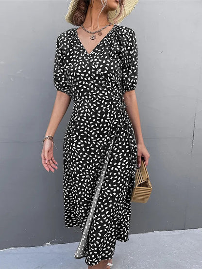 Women's Navy Midi Dress with Heart Print and Short Sleeves - Stylish Casual Wear