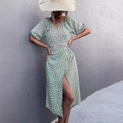 Women's Navy Midi Dress with Heart Print and Short Sleeves - Stylish Casual Wear