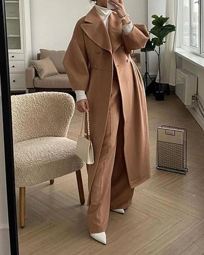Stylish Women's Long Double Breasted Winter Coat with Elegant Lapel Collar