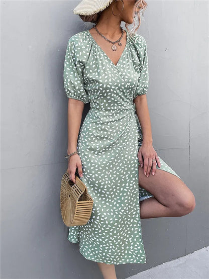 Women's Navy Midi Dress with Heart Print and Short Sleeves - Stylish Casual Wear