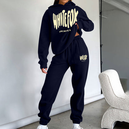 Trendy Long Sleeve Hoodie and Sweatpants Set with Foam Print