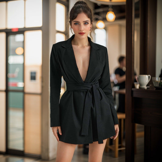 Elegant Women's Black Blazer Dress - Deep V-Neck Design with Adjustable Tie Waist