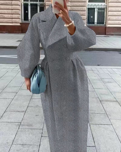 Stylish Women's Long Double Breasted Winter Coat with Elegant Lapel Collar
