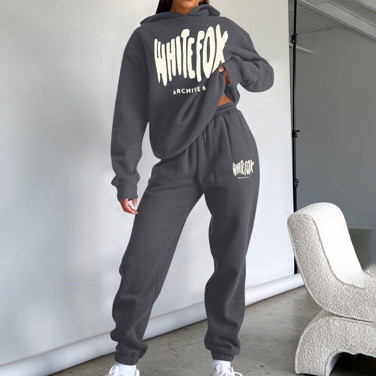 Trendy Long Sleeve Hoodie and Sweatpants Set with Foam Print
