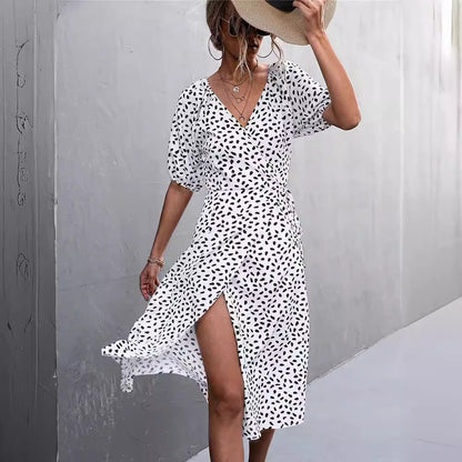 Women's Navy Midi Dress with Heart Print and Short Sleeves - Stylish Casual Wear