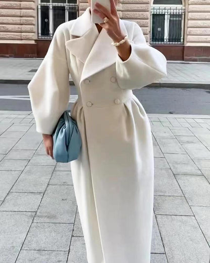 Stylish Women's Long Double Breasted Winter Coat with Elegant Lapel Collar
