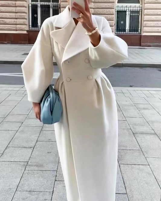 Stylish Women's Long Double Breasted Winter Coat with Elegant Lapel Collar
