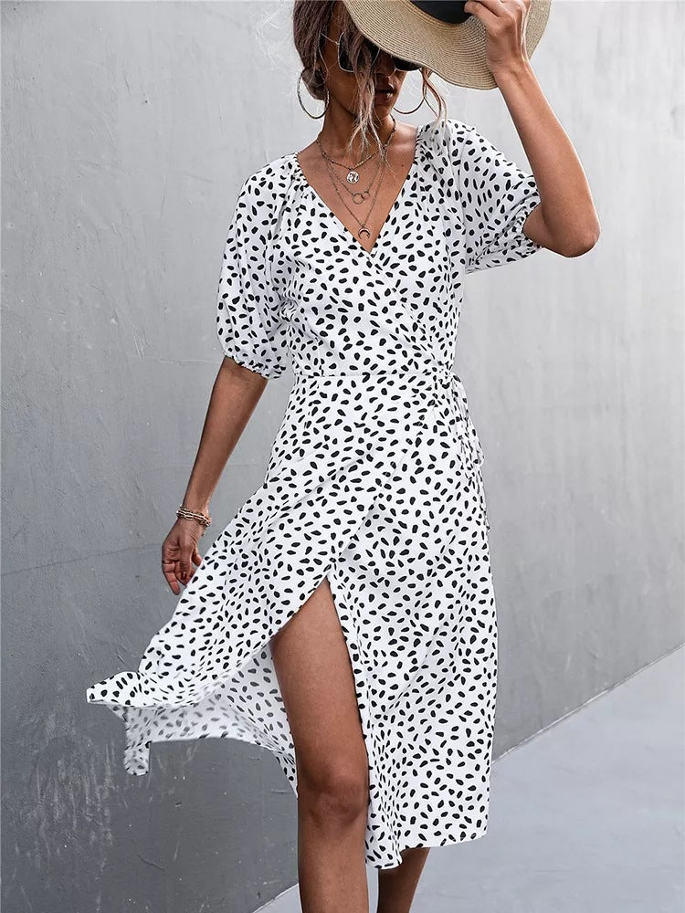 Women's Navy Midi Dress with Heart Print and Short Sleeves - Stylish Casual Wear