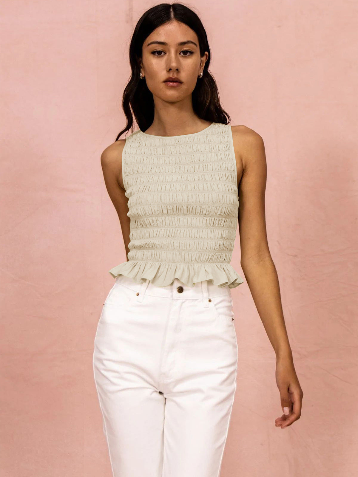 Stone Color Round Neck Shirred Crop Top for Women