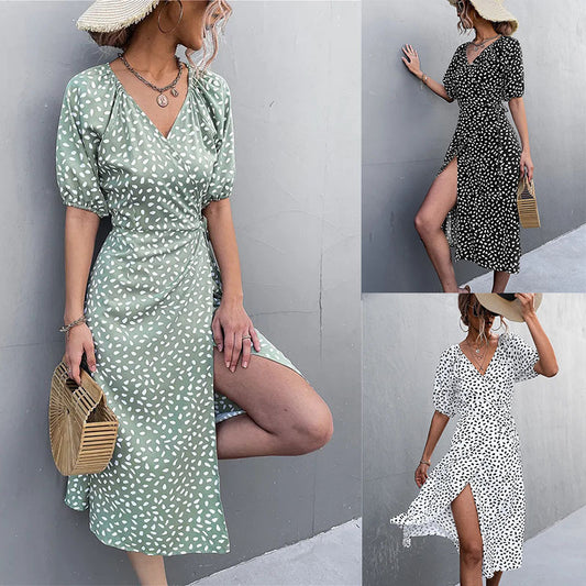 Women's Navy Midi Dress with Heart Print and Short Sleeves - Stylish Casual Wear