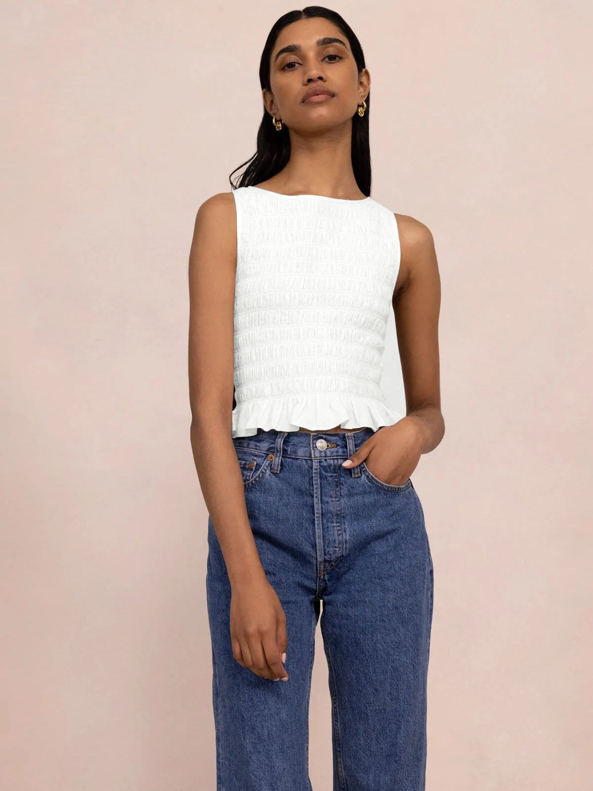 Stone Color Round Neck Shirred Crop Top for Women