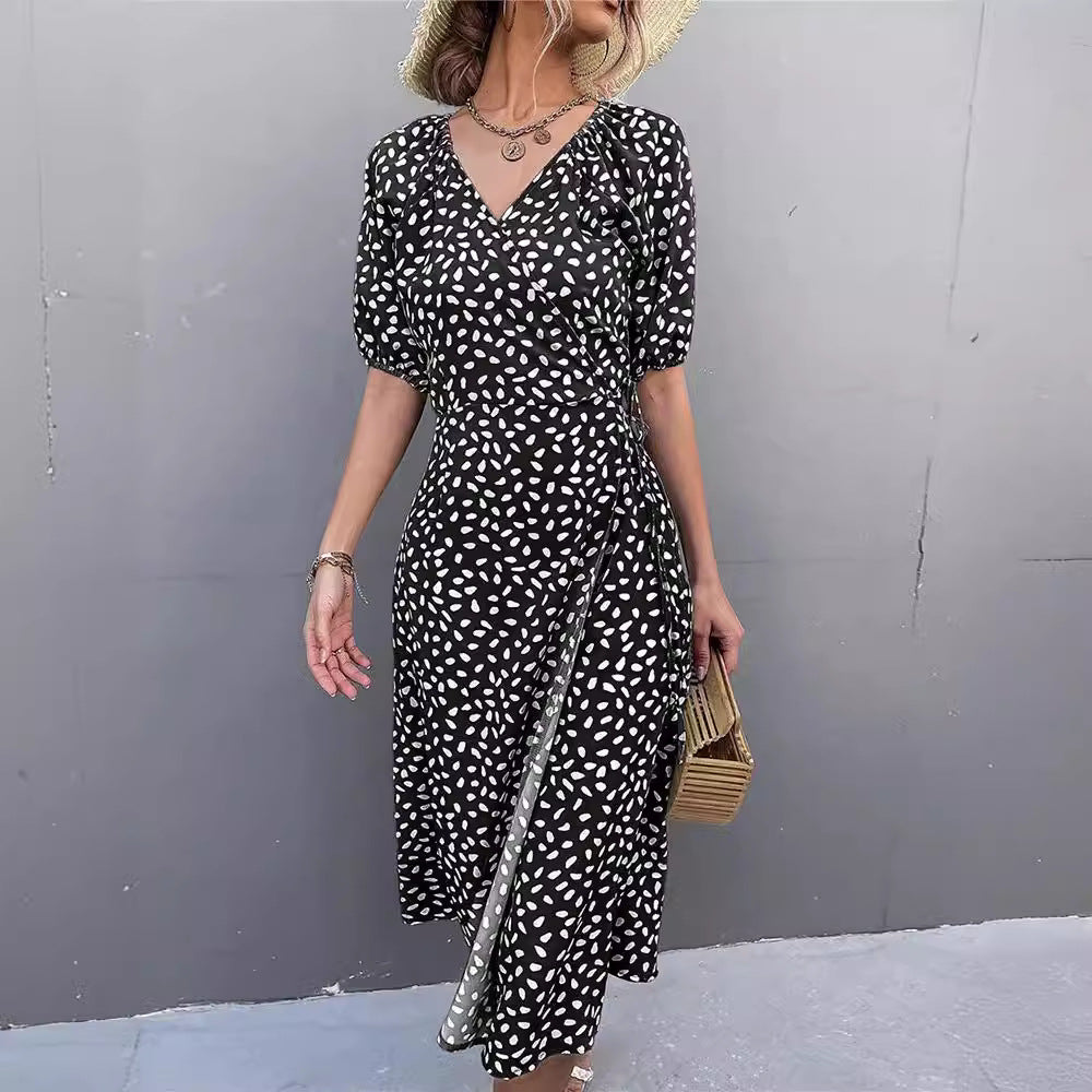 Women's Navy Midi Dress with Heart Print and Short Sleeves - Stylish Casual Wear