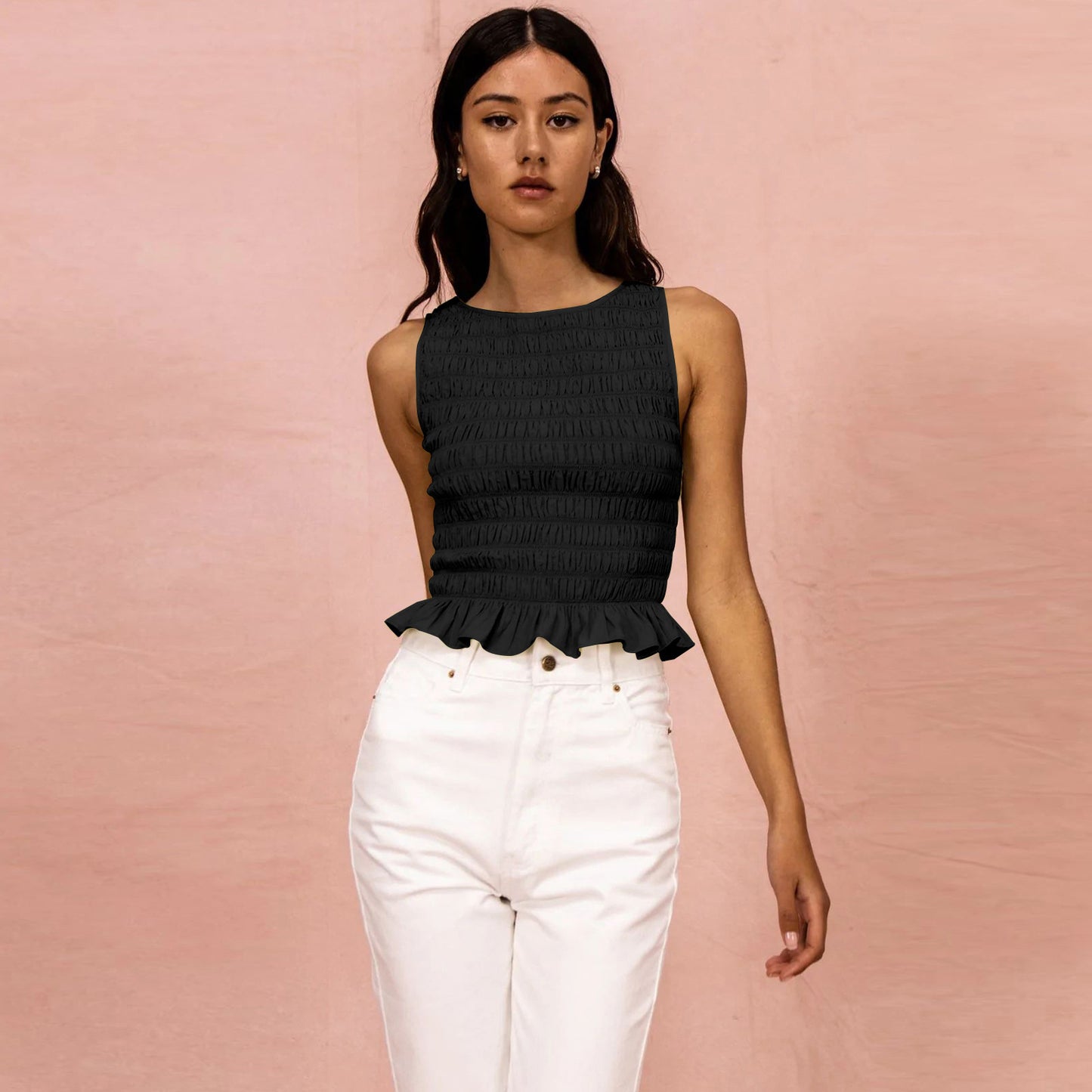 Stone Color Round Neck Shirred Crop Top for Women