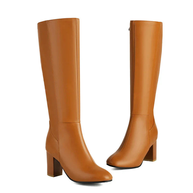 Stylish Women's Knee-High Block Heel Boots with Side Zip Closure