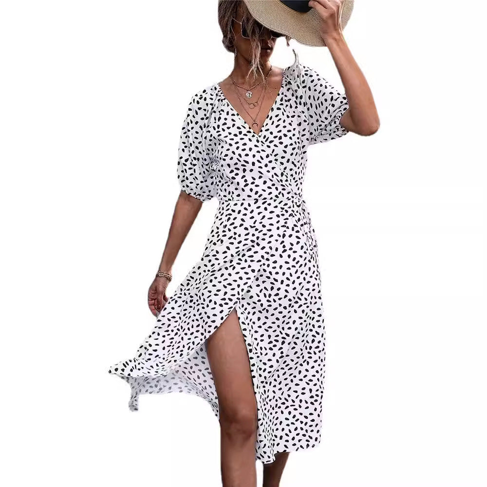 Women's Navy Midi Dress with Heart Print and Short Sleeves - Stylish Casual Wear