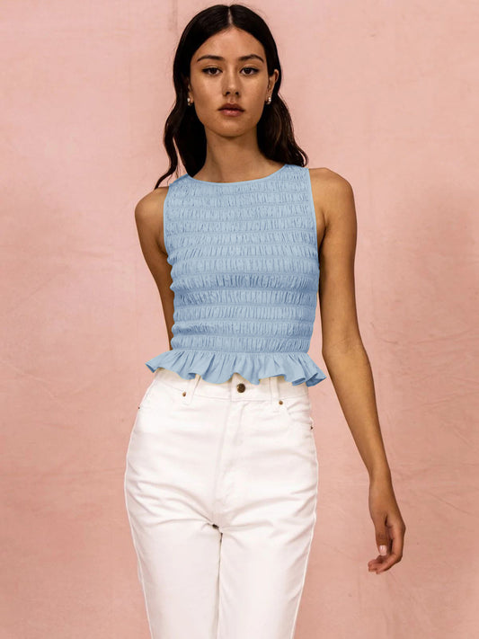 Stone Color Round Neck Shirred Crop Top for Women