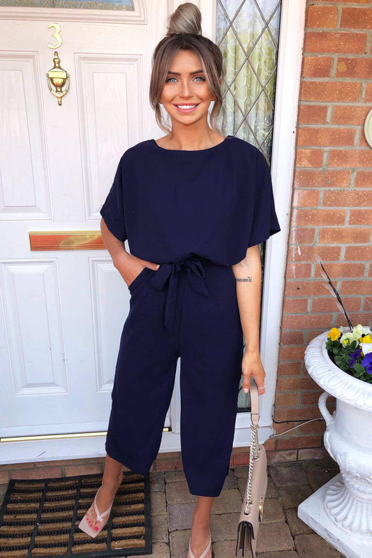 Women's Navy Tie Waist Culotte Jumpsuit for Stylish Casual Wear