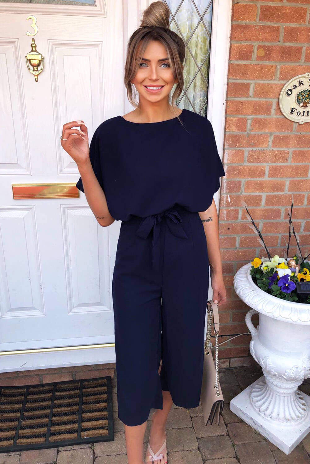 Women's Navy Tie Waist Culotte Jumpsuit for Stylish Casual Wear