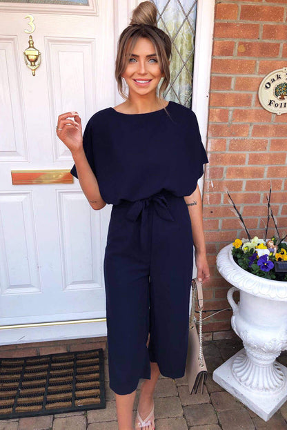 Women's Navy Tie Waist Culotte Jumpsuit for Stylish Casual Wear