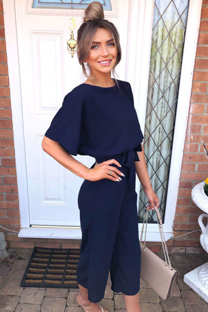Women's Navy Tie Waist Culotte Jumpsuit for Stylish Casual Wear