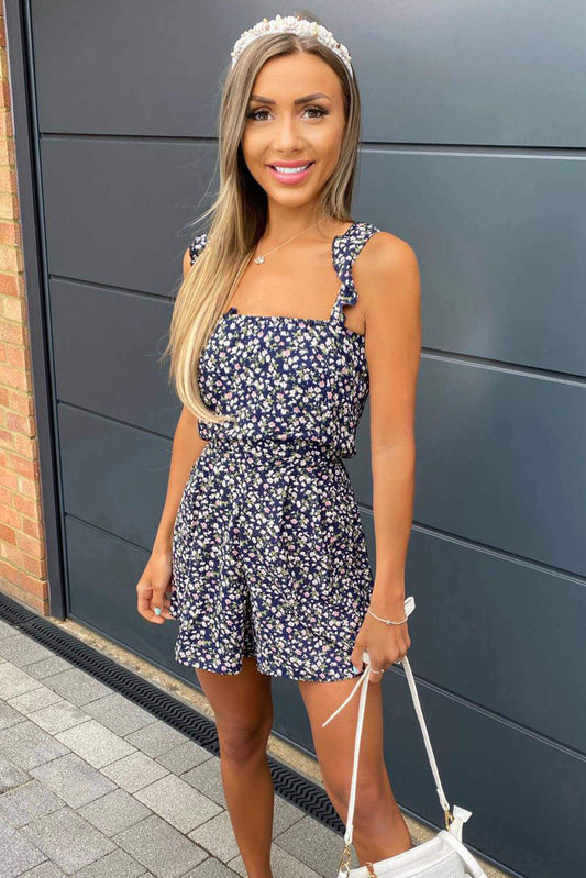 Women's Navy Floral Print Playsuit - Summer Jumpsuit for Casual Wear