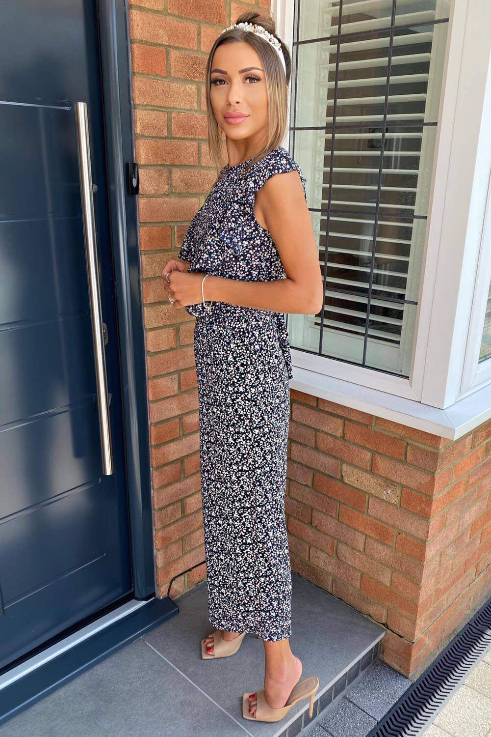Women's Navy Floral Frill Front Jumpsuit - Stylish Summer Outfit